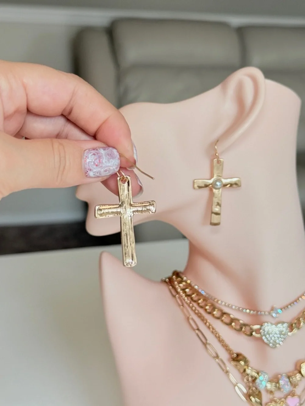 Gold Cross Dangle Earring with Center Accent